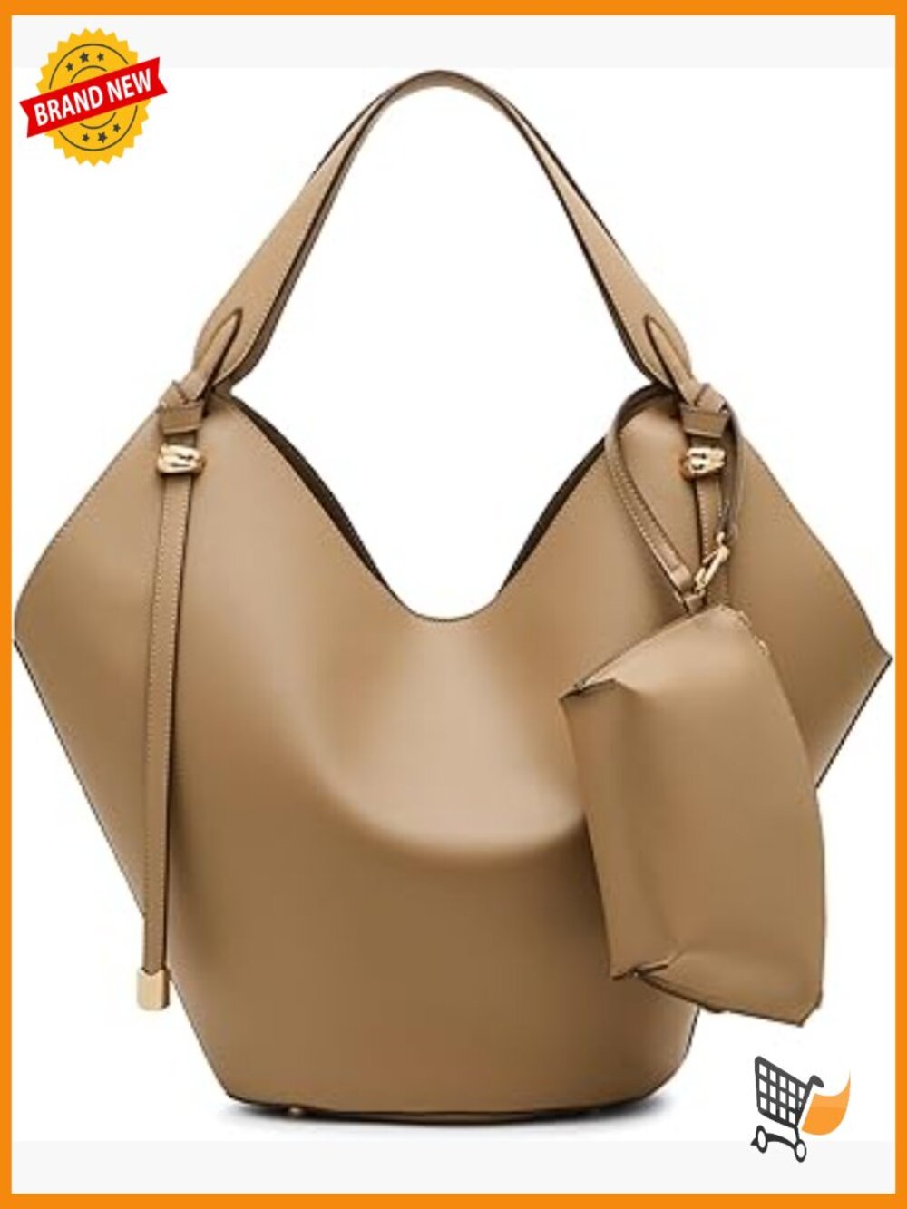 Large Hobo Tote with Pouch - Shoulder Bag - Solid Pattern - Snap Closure